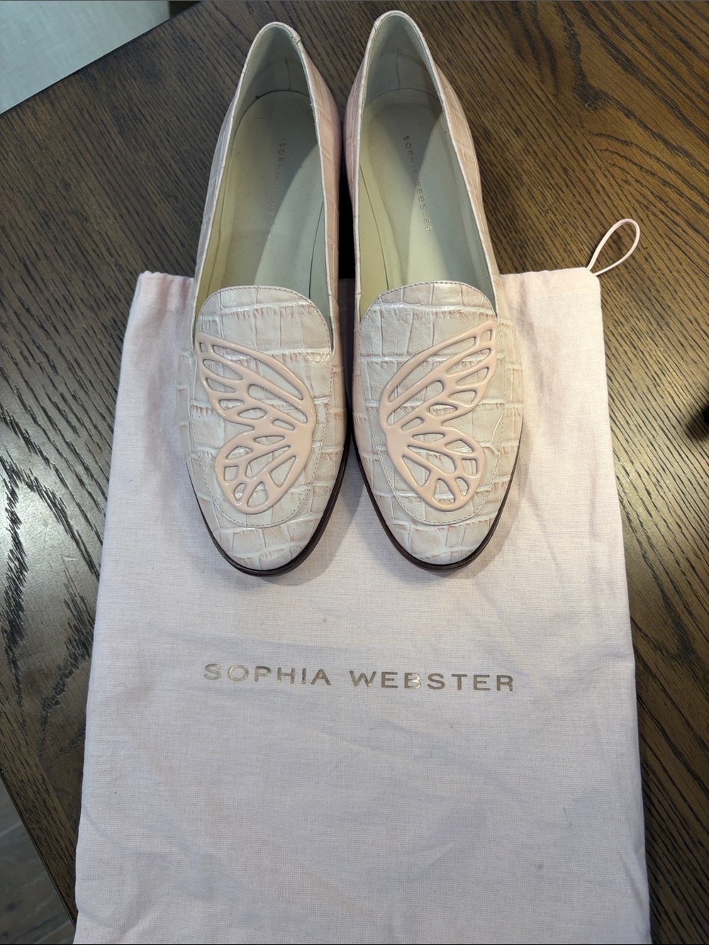 Sophia Webster Pale Pink Croc-Embossed Leather Loafers with Butterfly Appliqué - Picture 2 of 5